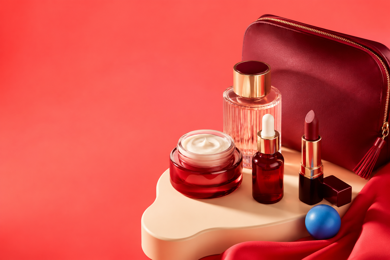 Sélection de produits cosmétiques sur fond corail